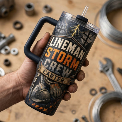 Personalized Lineman Storm Crew 40oz Tumbler with Handle, Custom Powerline Worker Gift