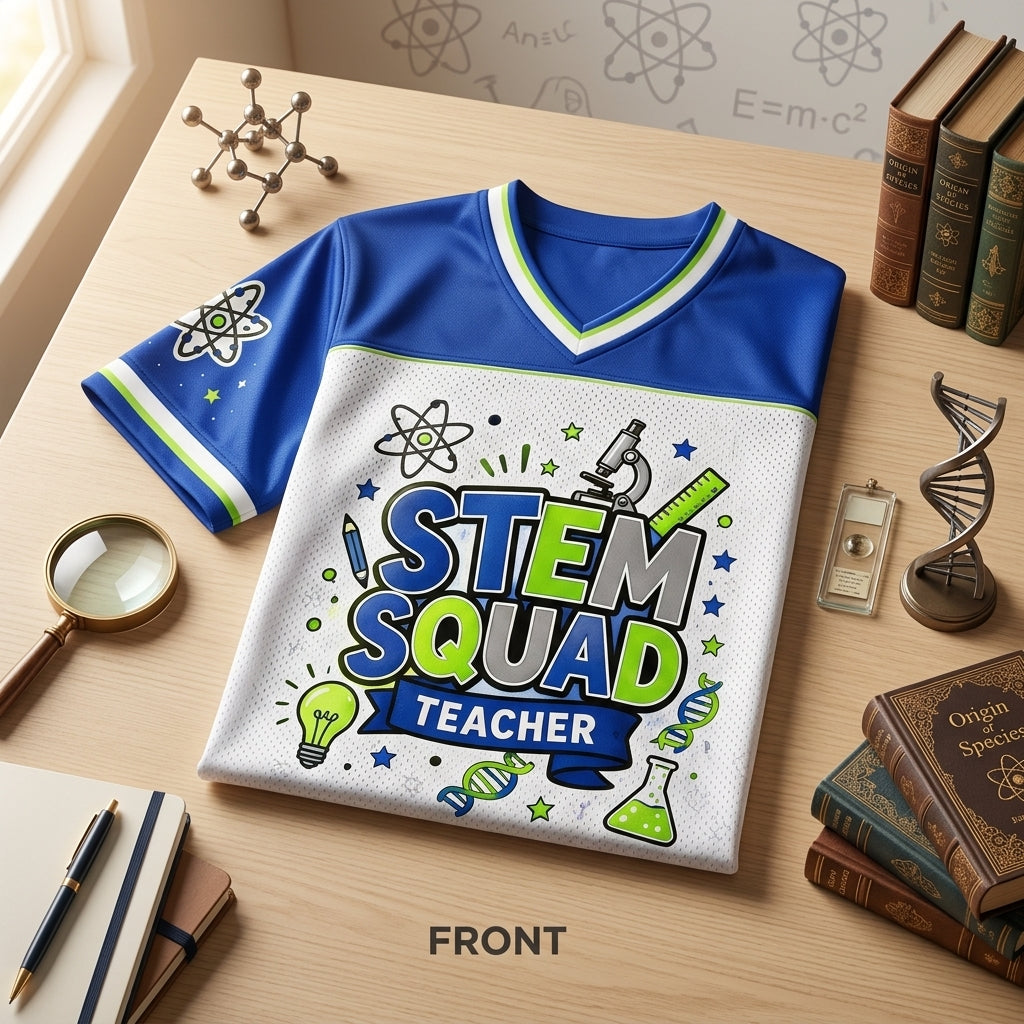 Personalized STEM Squad Teacher Football Jersey - Custom Name Science Educator Mesh Shirt