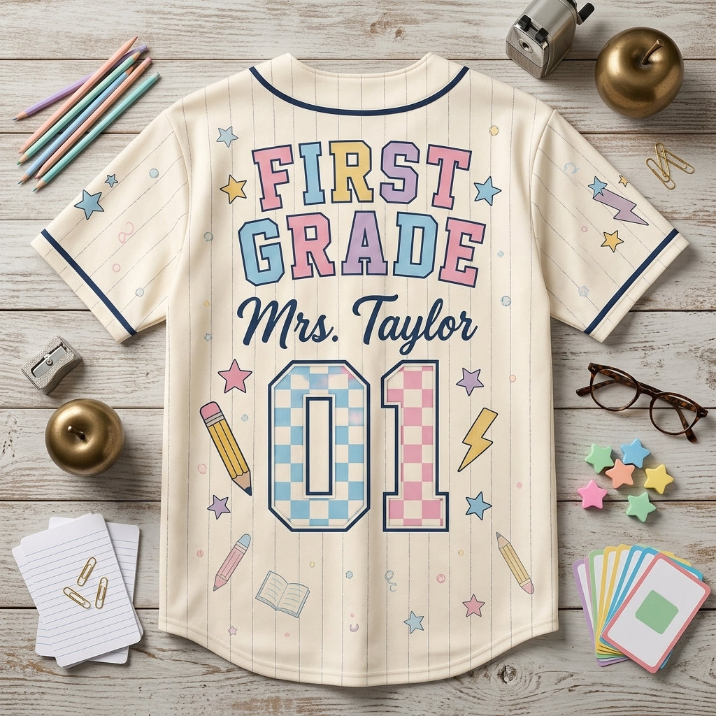 Personalized First Grade Teacher Baseball Jersey - Custom Mrs. Taylor Star Squad School Apparel