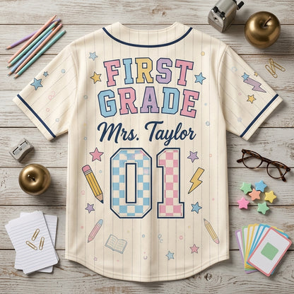Personalized First Grade Teacher Baseball Jersey - Custom Mrs. Taylor Star Squad School Apparel