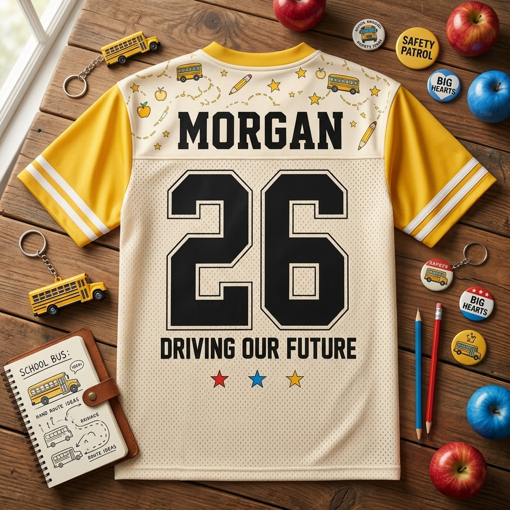 Personalized School Bus Driver Football Jersey - Custom Name & Number Mesh Shirt - Safe Routes Big Hearts