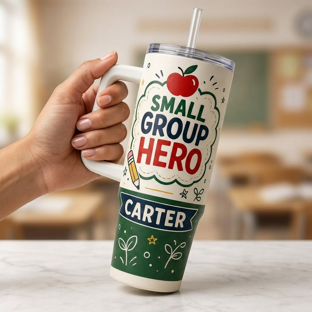 Personalized Classroom Aide 40oz Tumbler with Handle - Custom Name Small Group Hero Teacher Assistant Gift