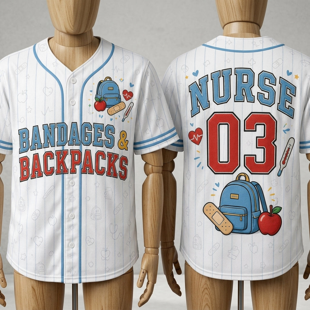 Personalized School Nurse Baseball Jersey - Custom Name & Number Bandages and Backpacks Nursing Shirt