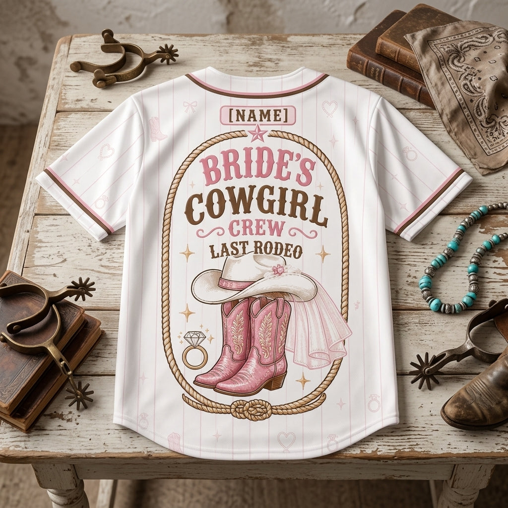 Personalized Bride's Cowgirl Crew Last Rodeo Baseball Jersey - Custom Name Western Bachelorette Party Outfit