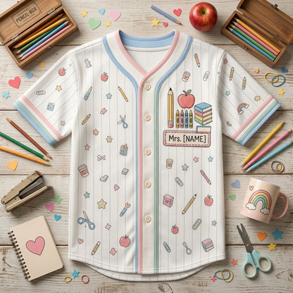 Personalized Classroom Essentials Teacher Baseball Jersey - Custom Name School Supplies Pastel Graphic Button Up