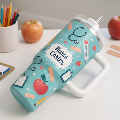 Personalized School Nurse 40oz Tumbler with Handle - Custom Bell Time Care Crew Gift