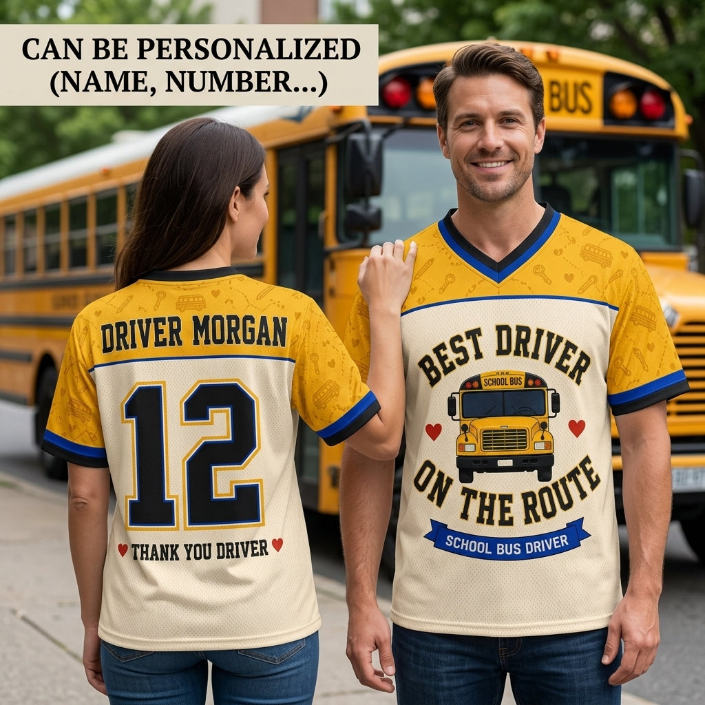Personalized School Bus Driver Football Jersey - Custom Name and Number Gift for Best Driver On The Route