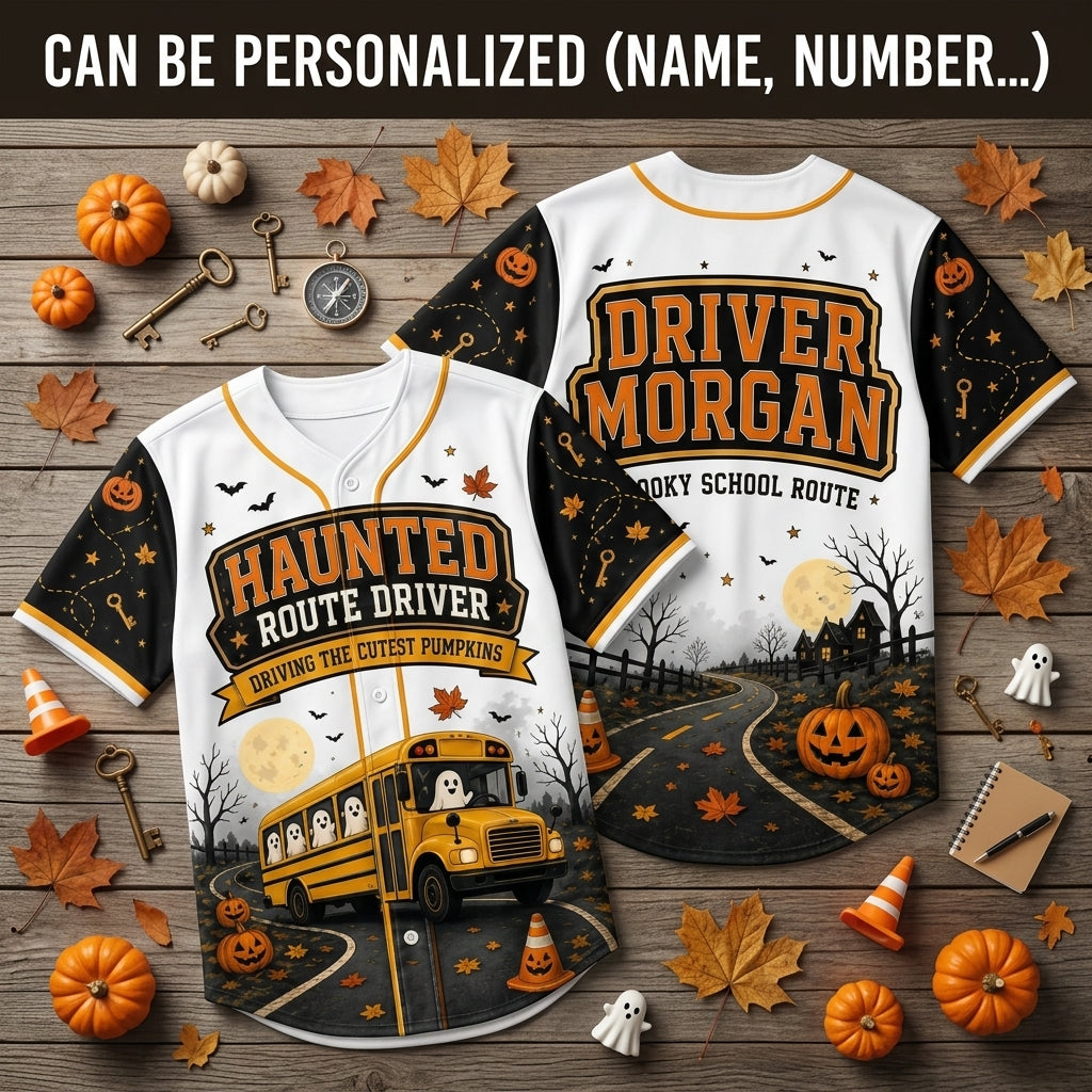 Personalized Haunted Route School Bus Driver Halloween Baseball Jersey - Custom Name Spooky Driver Gift
