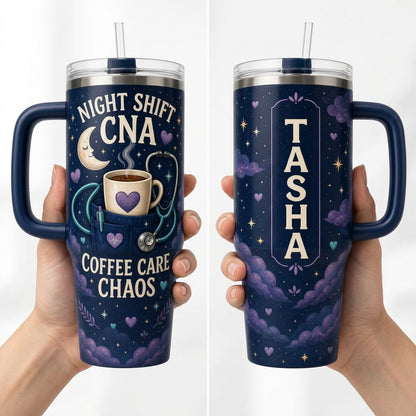 Personalized Night Shift CNA 40oz Tumbler with Handle, Custom Name Coffee Care Chaos Nursing Gift