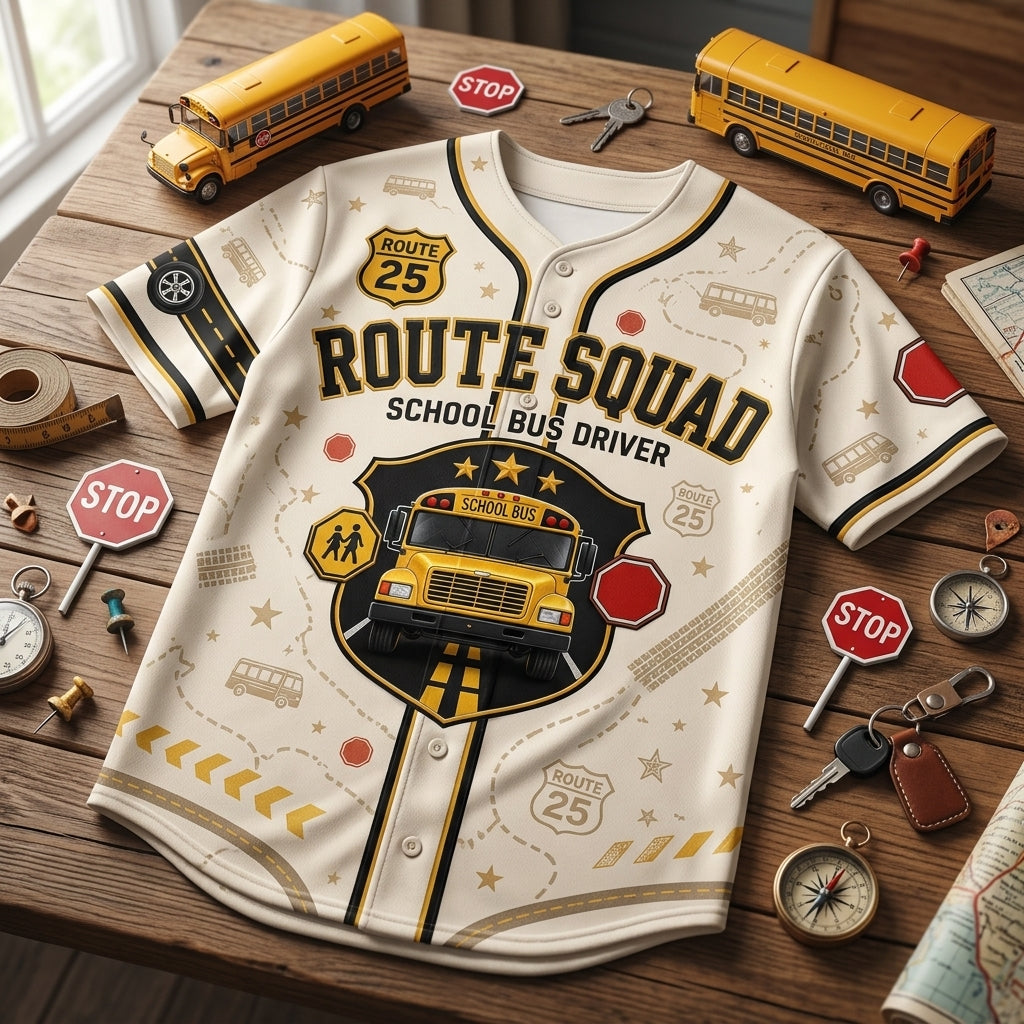 Personalized School Bus Driver Baseball Jersey - Custom Name and Number Route Squad Gift