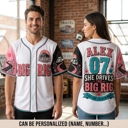 Personalized She Drives The Big Rig Baseball Jersey - Custom Name & Number Trucker Gift for Women