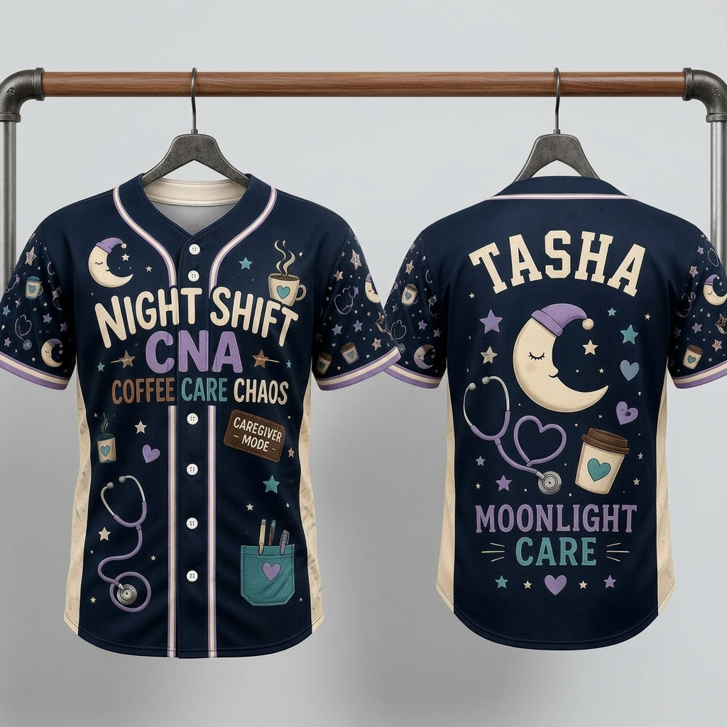 Personalized Night Shift CNA Baseball Jersey - Custom Name Coffee Care Chaos Moonlight Care Shirt