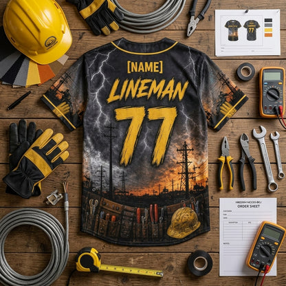 Personalized Lineman Storm Crew Baseball Jersey - Custom Name & Number Utility Worker Full Print Shirt - baseball jersey product view 5