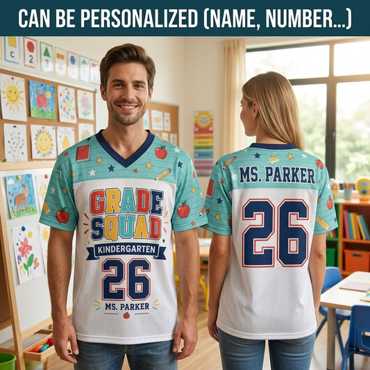 Personalized Kindergarten Grade Squad Mesh Football Jersey - Custom Teacher Name and Number