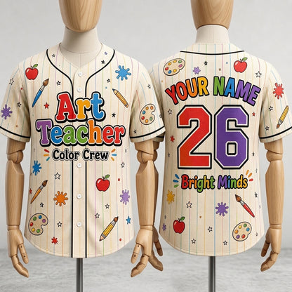 Personalized Art Teacher Color Crew Baseball Jersey - Custom Name and Number School Gift