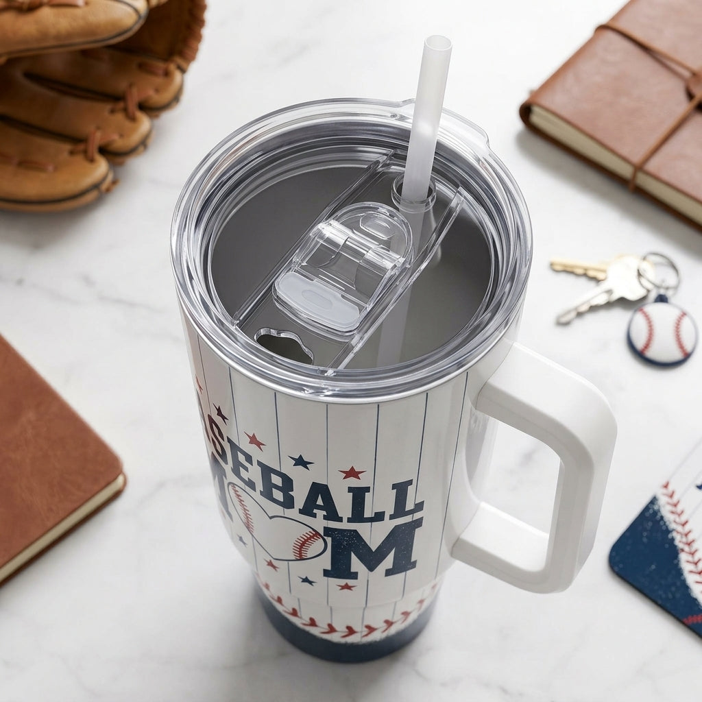 Personalized Baseball Mom 40oz Tumbler with Handle - Custom Name and Number Sports Travel Mug