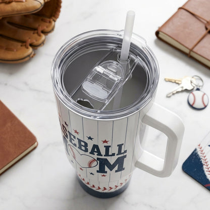 Personalized Baseball Mom 40oz Tumbler with Handle - Custom Name and Number Sports Travel Mug