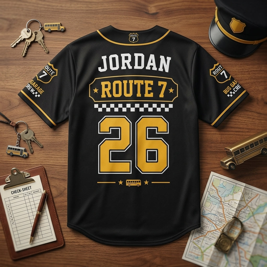 Personalized School Bus Driver Route Crew Baseball Jersey - Custom Name and Number Black Athletic Uniform