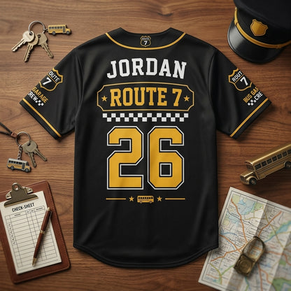 Personalized School Bus Driver Route Crew Baseball Jersey - Custom Name and Number Black Athletic Uniform