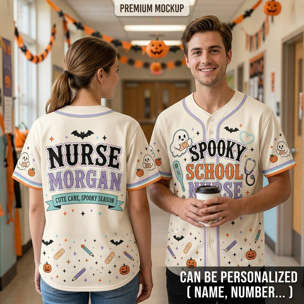 Personalized Spooky School Nurse Baseball Jersey - Custom Name Boo Boo Crew Halloween Gift for Healthcare Workers