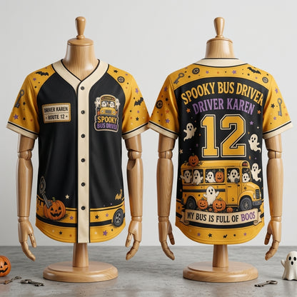 Personalized Spooky Bus Driver Halloween Baseball Jersey - Custom Name & Number My Bus Is Full Of Boos Graphic Shirt