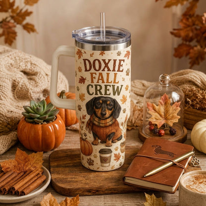 Doxie Fall Crew 40oz Tumbler with Handle - Pumpkin Spice Dachshund Fall Dog Lover Gift