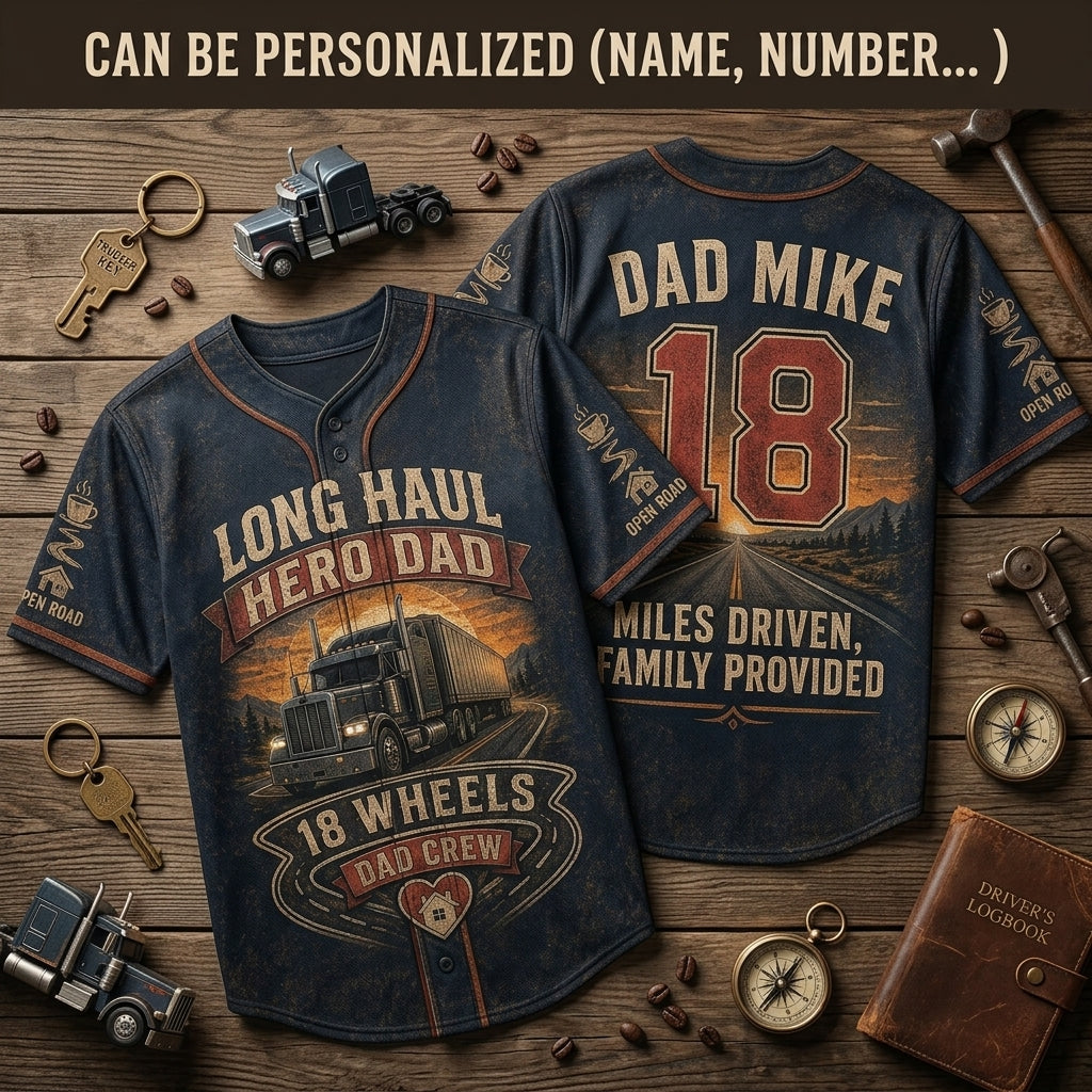 Personalized Long Haul Hero Dad Baseball Jersey - Custom Name and Number Trucker Gift