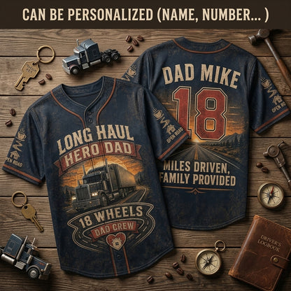 Personalized Long Haul Hero Dad Baseball Jersey - Custom Name and Number Trucker Gift