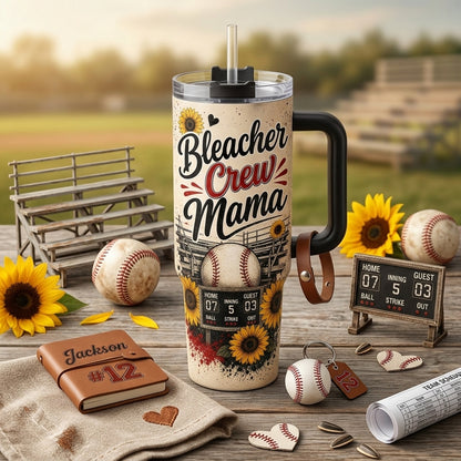 Personalized Bleacher Crew Mama 40oz Tumbler with Handle, Custom Baseball Mom Gift with Name and Number
