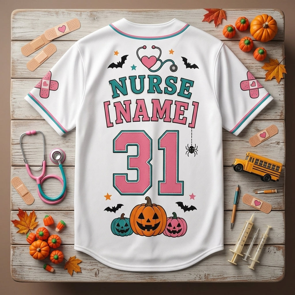 Personalized School Nurse Halloween Baseball Jersey - Custom Boo Boo Crew Ghost Medical Outfit Gift product view 5