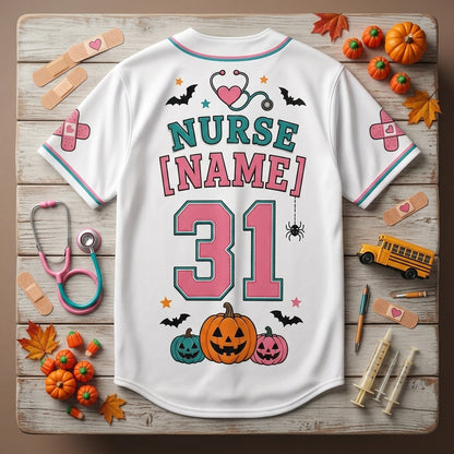 Personalized School Nurse Halloween Baseball Jersey - Custom Boo Boo Crew Ghost Medical Outfit Gift product view 5