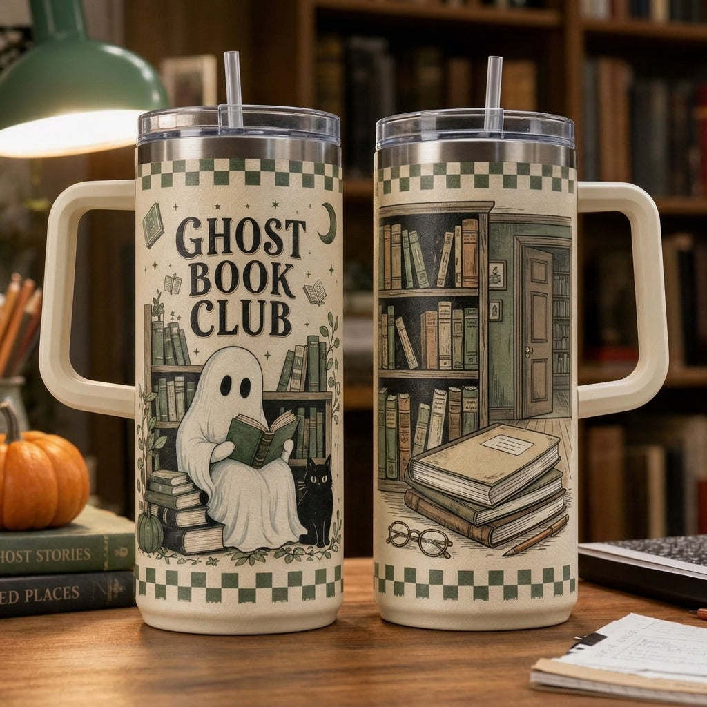 Ghost Book Club 40oz Tumbler with Handle - Spooky Reading Club Halloween Gift for Bookworms