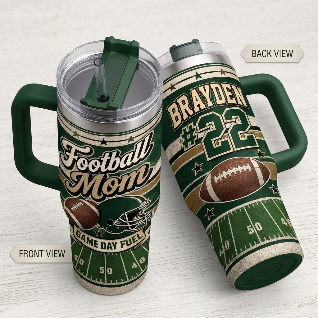 Personalized Football Mom 40oz Tumbler with Handle - Custom Name and Number Game Day Gift