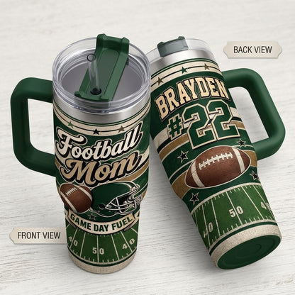Personalized Football Mom 40oz Tumbler with Handle - Custom Name and Number Game Day Gift