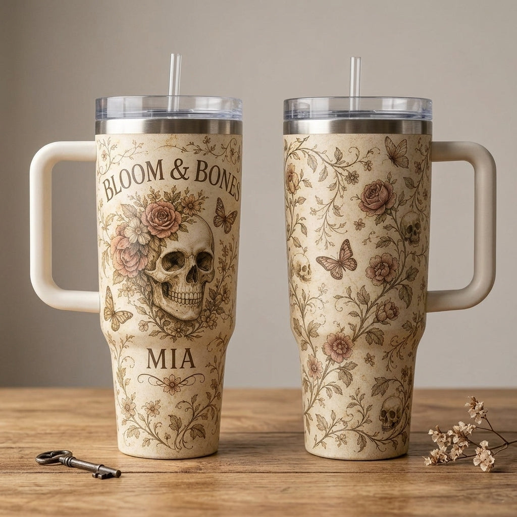 Personalized Bloom & Bones Skull Floral 40oz Tumbler with Handle - Custom Name Vintage Gothic Gift
