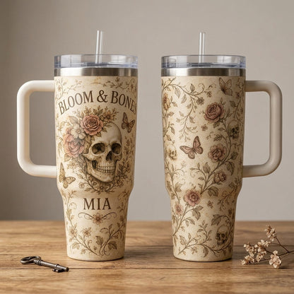 Personalized Bloom & Bones Skull Floral 40oz Tumbler with Handle - Custom Name Vintage Gothic Gift
