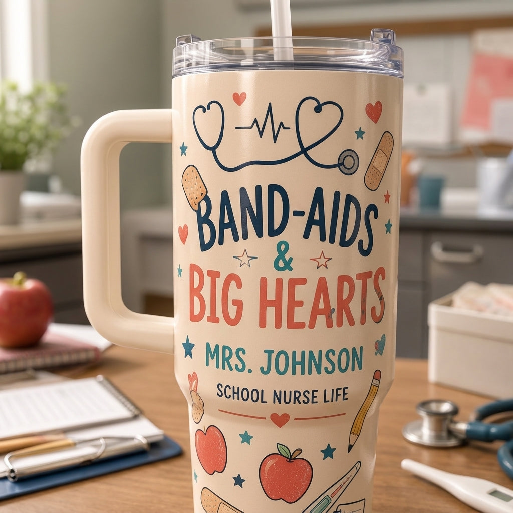 Personalized Band-Aids & Big Hearts School Nurse 40oz Tumbler with Handle - Custom Name Gift