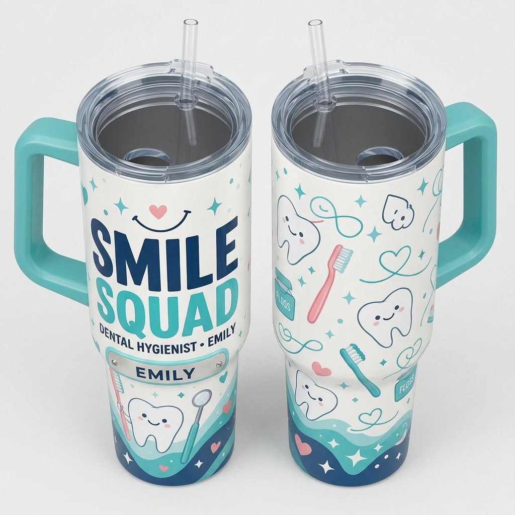 Personalized Smile Squad 40oz Tumbler with Handle - Custom Name Gift for Dental Hygienist & Dentist