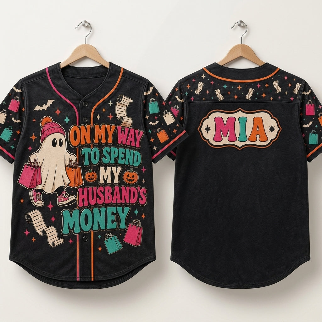 Personalized Halloween Ghost Baseball Jersey - On My Way To Spend My Husband's Money - Custom Name Shopping Shirt