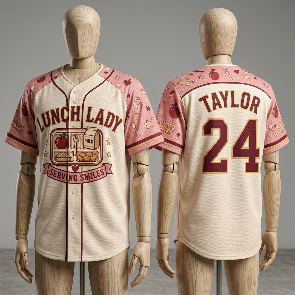 Personalized Lunch Lady Baseball Jersey - Custom Name and Number Serving Smiles School Cafeteria Staff Gift