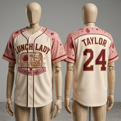 Personalized Lunch Lady Baseball Jersey - Custom Name and Number Serving Smiles School Cafeteria Staff Gift