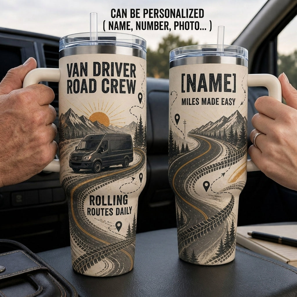 Personalized Van Driver Road Crew 40oz Tumbler with Handle - Custom Name Delivery Driver Gift