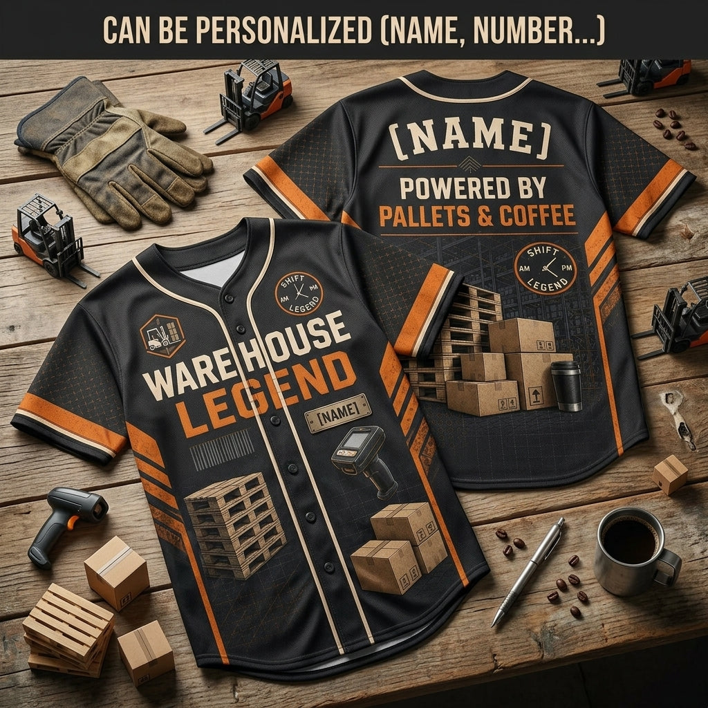Personalized Warehouse Legend Baseball Jersey - Custom Name Logistics Gift Powered by Pallets and Coffee