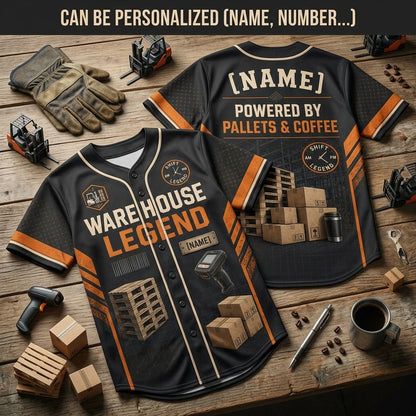 Personalized Warehouse Legend Baseball Jersey - Custom Name Logistics Gift Powered by Pallets and Coffee