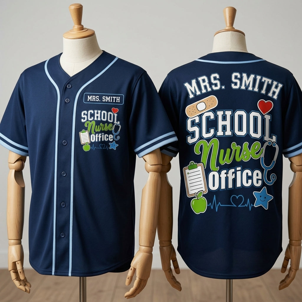 Personalized School Nurse Baseball Jersey - Custom Name Navy Blue Athletic Shirt for School Health Staff - baseball jersey product view 3