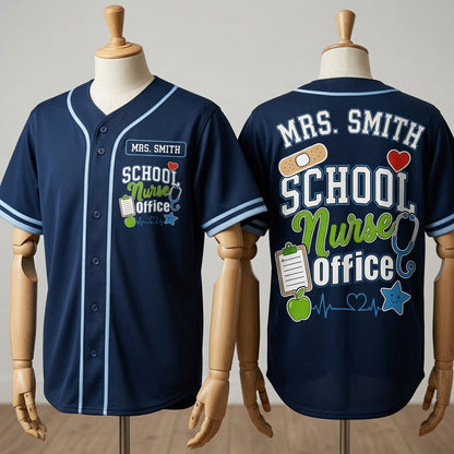 Personalized School Nurse Baseball Jersey - Custom Name Navy Blue Athletic Shirt for School Health Staff - baseball jersey product view 3