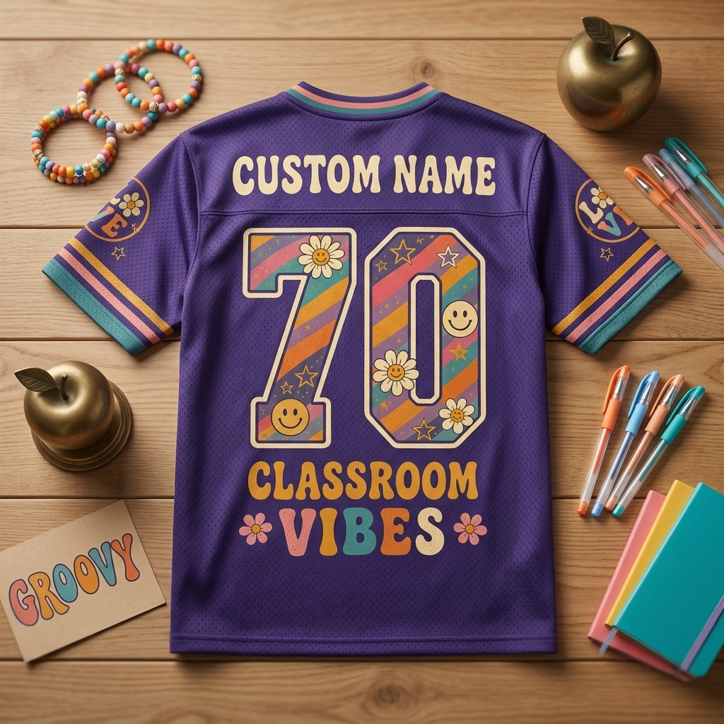 Personalized Groovy Teacher Football Jersey - Custom Name Retro Teaching With Love Classroom Vibes Mesh Sport Shirt