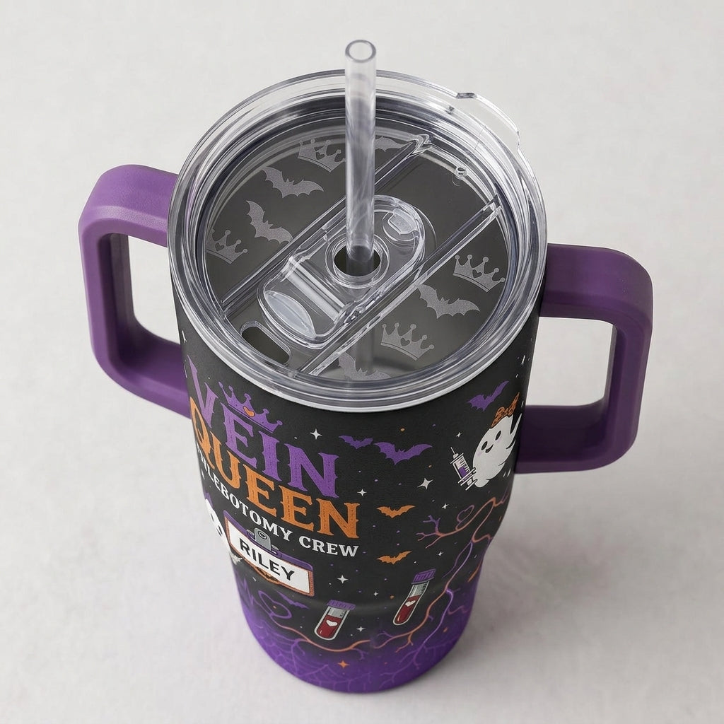 Personalized Vein Queen Phlebotomy Crew 40oz Tumbler with Handle - Custom Name Spooky Ghost Halloween Gift