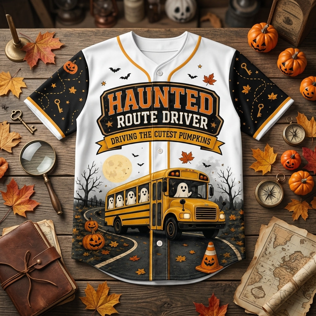 Personalized Haunted Route School Bus Driver Halloween Baseball Jersey - Custom Name Spooky Driver Gift