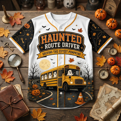Personalized Haunted Route School Bus Driver Halloween Baseball Jersey - Custom Name Spooky Driver Gift